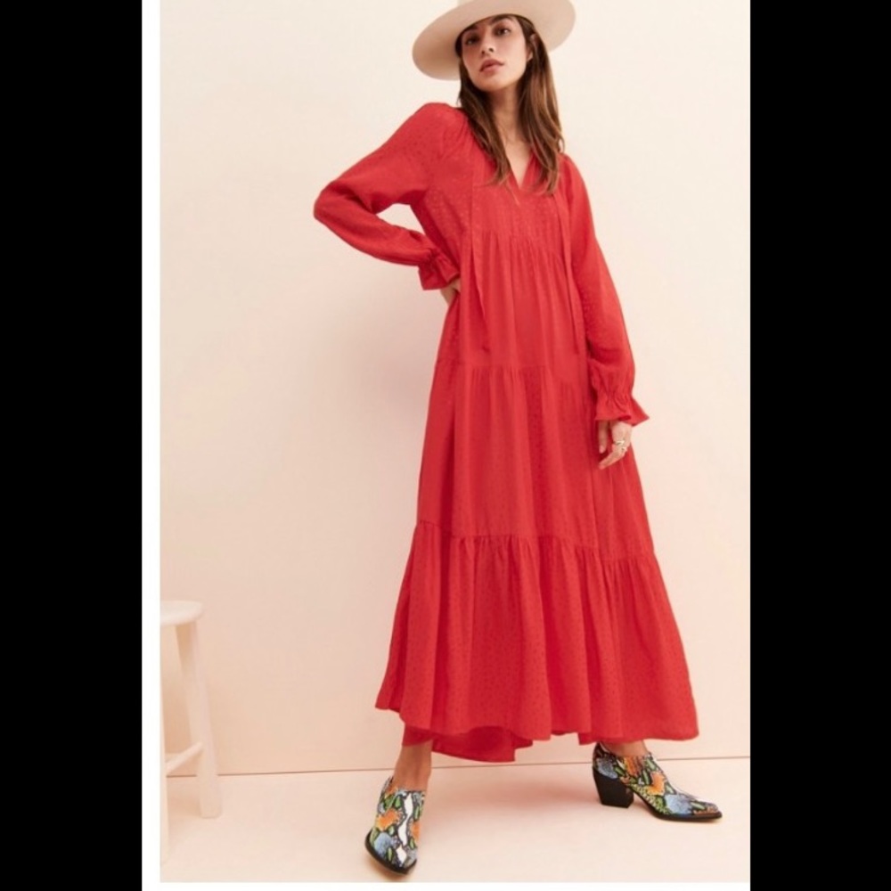 NEW Maeve By Anthropologie Wendy tiered long sleeves boho maxi dress red S